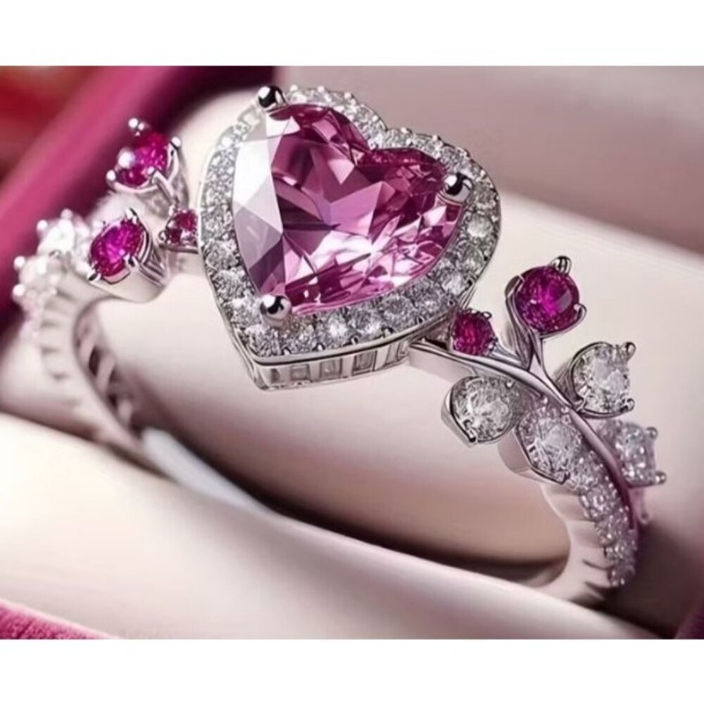 Heart Cut Pink Tourmaline Engagement Wedding Ring Set in Titanium
